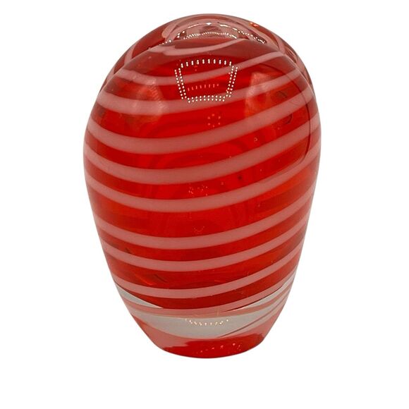 Art Glass Heart Shaped Bud Vase Paperweight Red with White Swirls Hand Blown - Picture 3 of 7